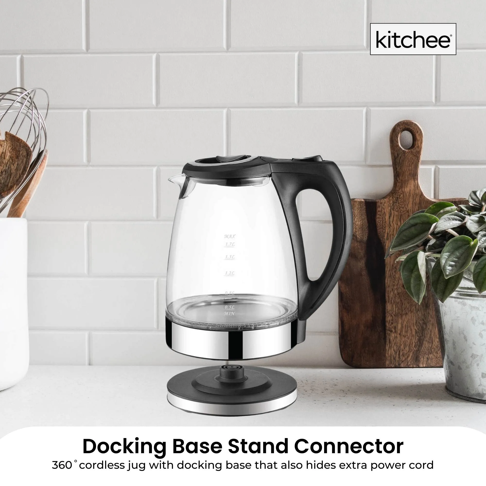 1.7L Electric Glass Kettle | LED Blue Light, 360° Automatic Cordless Boiling Jug