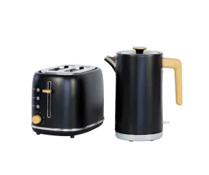 1.7L Kitchen Kettle & 2-Slice Toaster Set | Black with Wood Accents