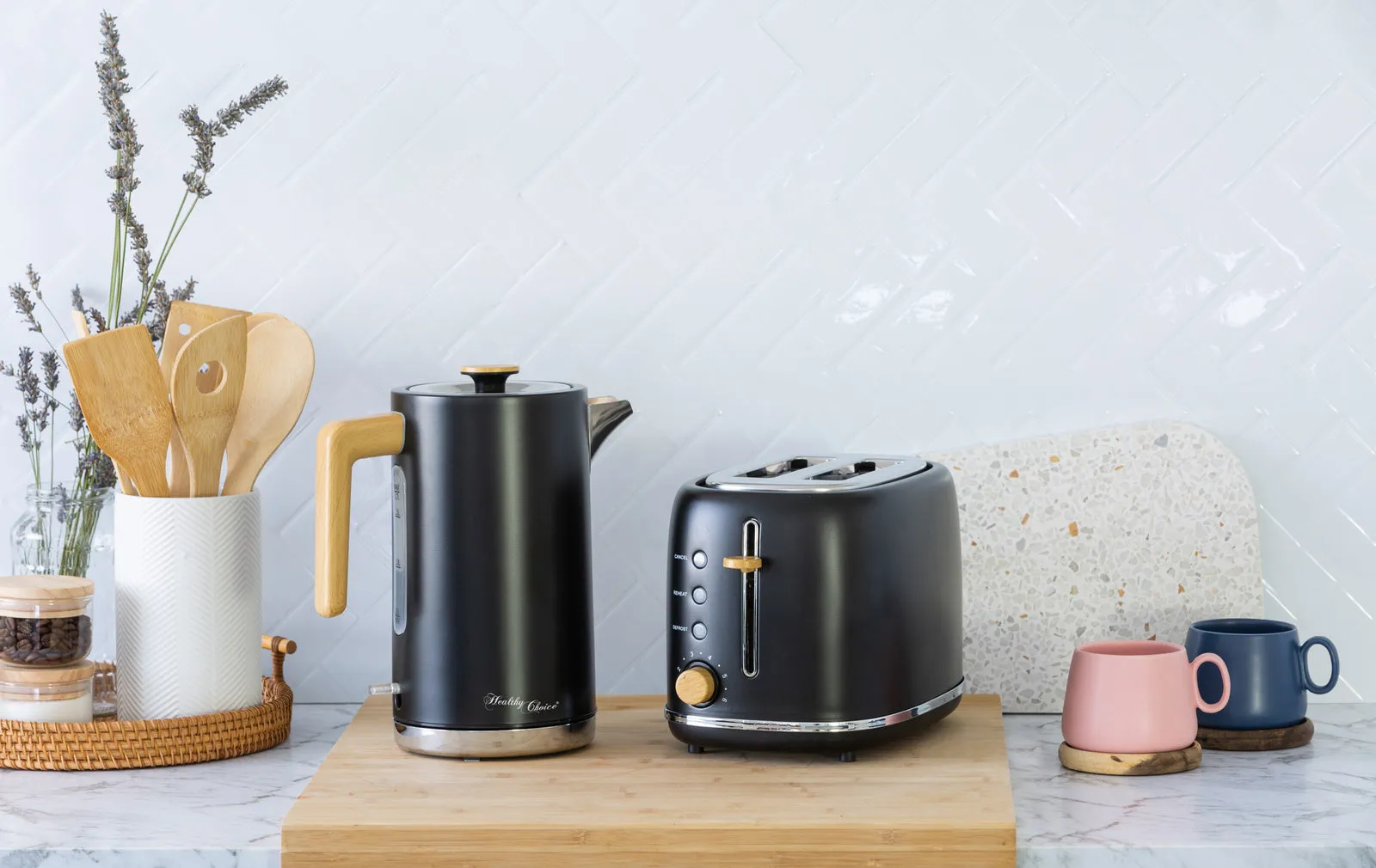 1.7L Kitchen Kettle & 2-Slice Toaster Set | Black with Wood Accents
