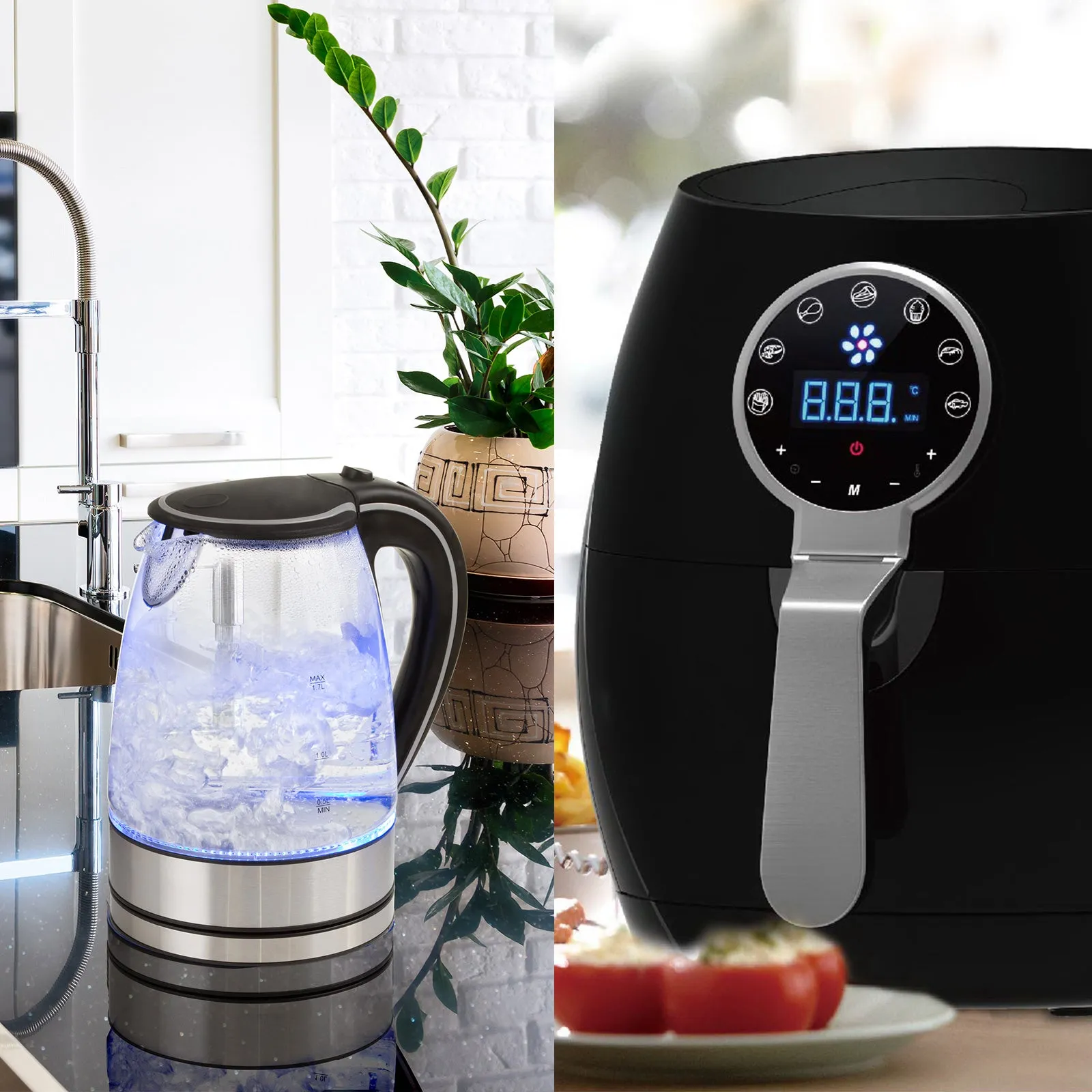 5 Litre Air Fryer | Black   1.7 Litre Kettle | Blue LED | Kitchen Package Deal Set
