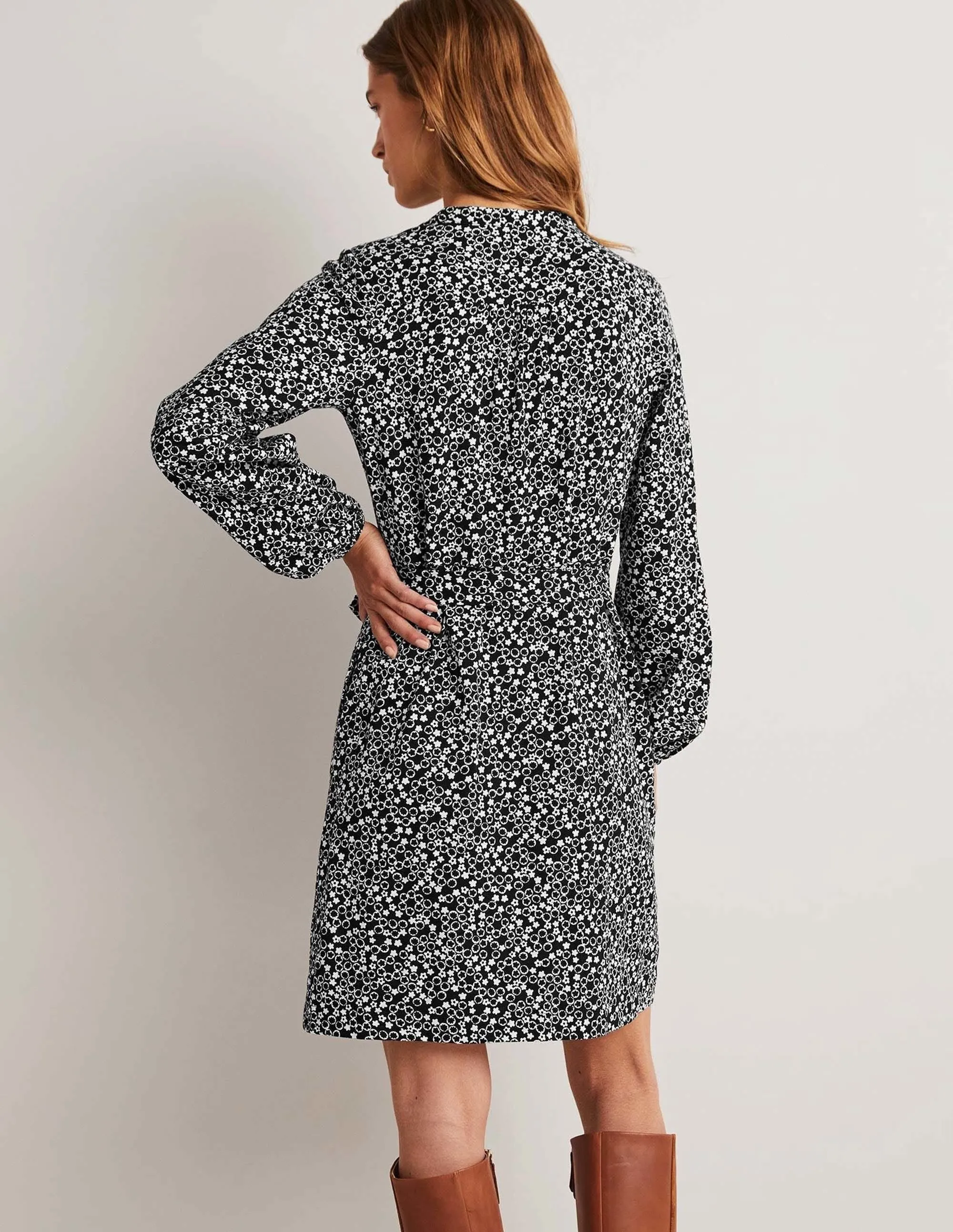 Belted Jersey Shirt Dress-Black, Floral Pebble