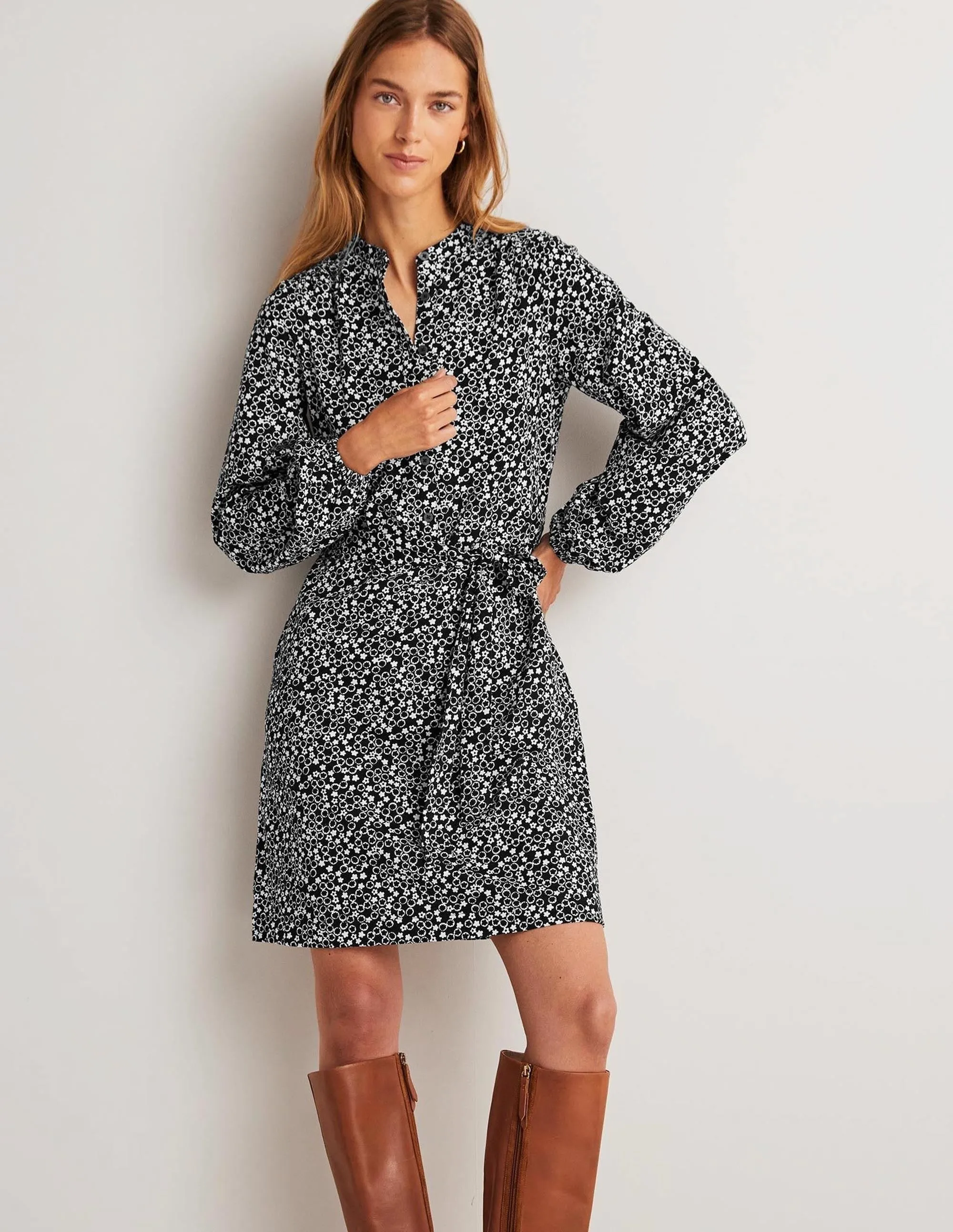 Belted Jersey Shirt Dress-Black, Floral Pebble