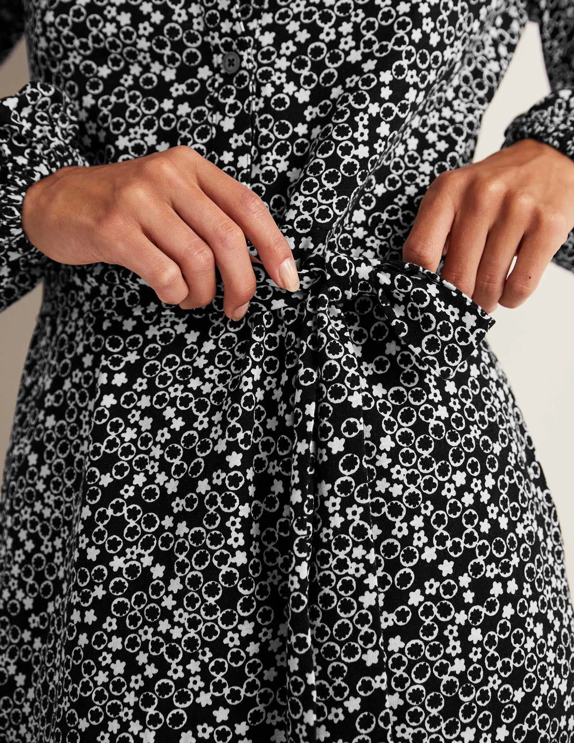 Belted Jersey Shirt Dress-Black, Floral Pebble