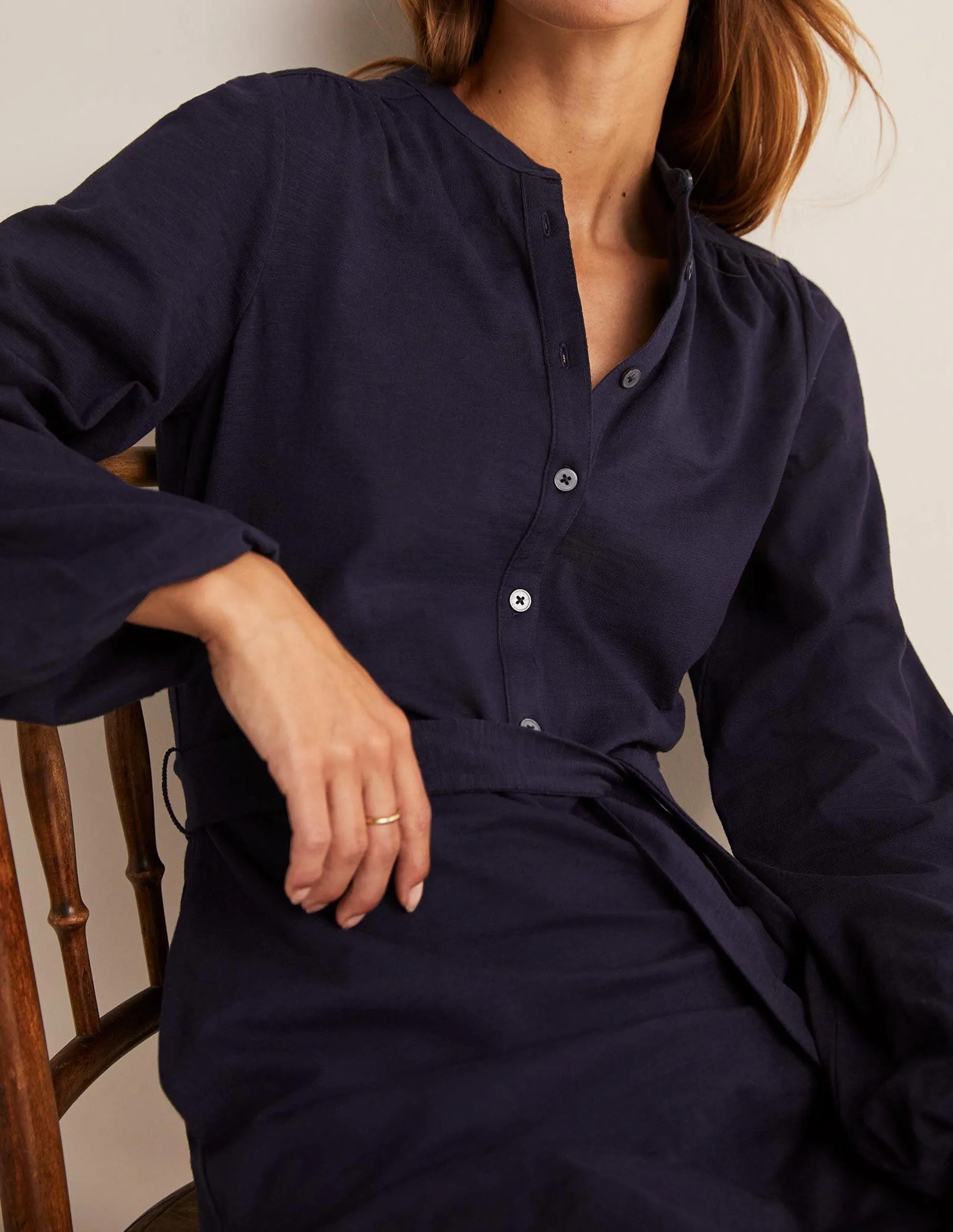 Belted Jersey Shirt Dress-Navy