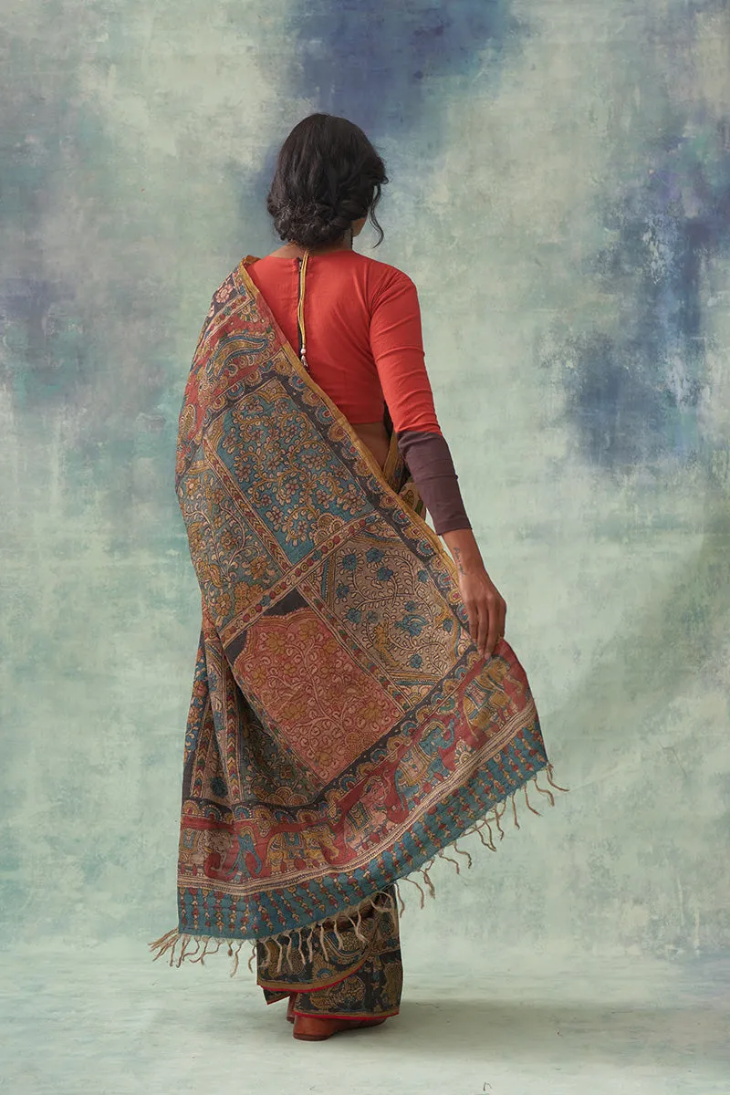 Chitrani' Kalamkari Pure Tussar Silk Saree