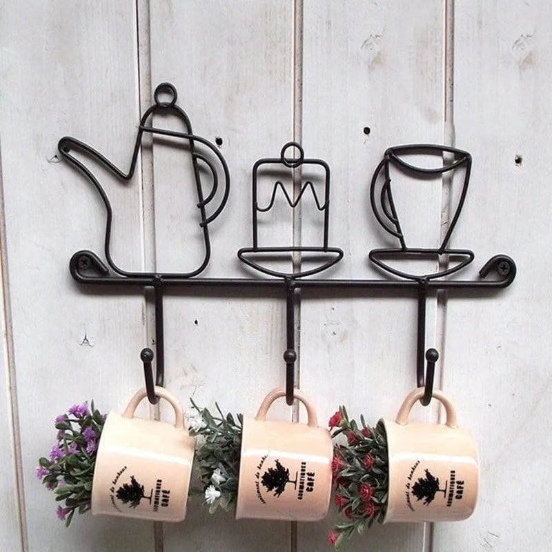 Kettle and Cup Shaped Iron Kitchen Wall Hanger