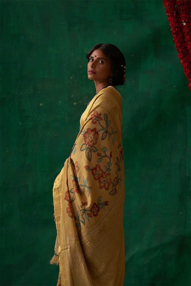 Thumri' Kalamkari with Zari Pure Kanjivaram Silk Saree