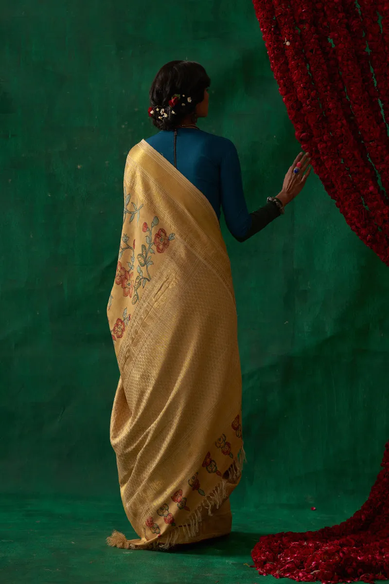 Thumri' Kalamkari with Zari Pure Kanjivaram Silk Saree