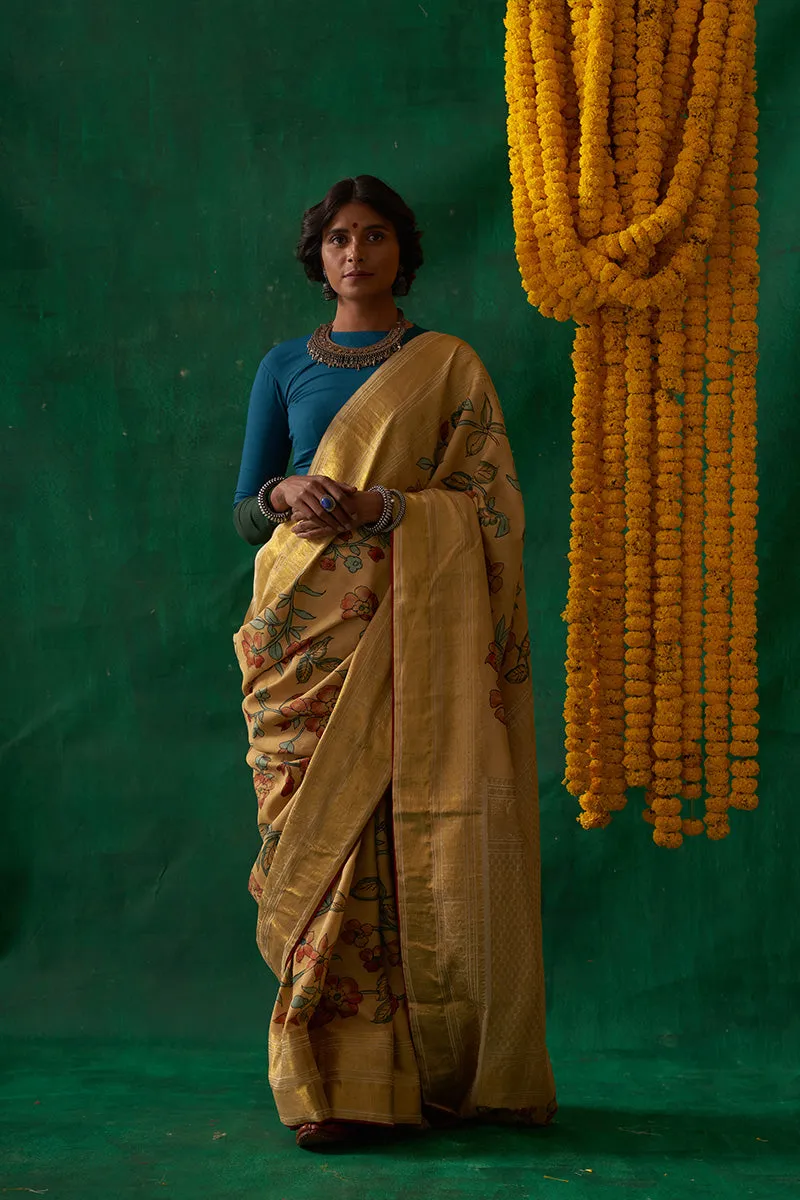 Thumri' Kalamkari with Zari Pure Kanjivaram Silk Saree