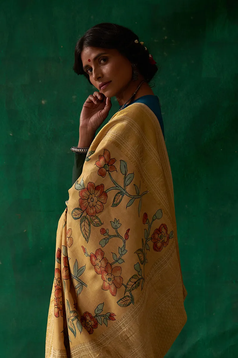 Thumri' Kalamkari with Zari Pure Kanjivaram Silk Saree